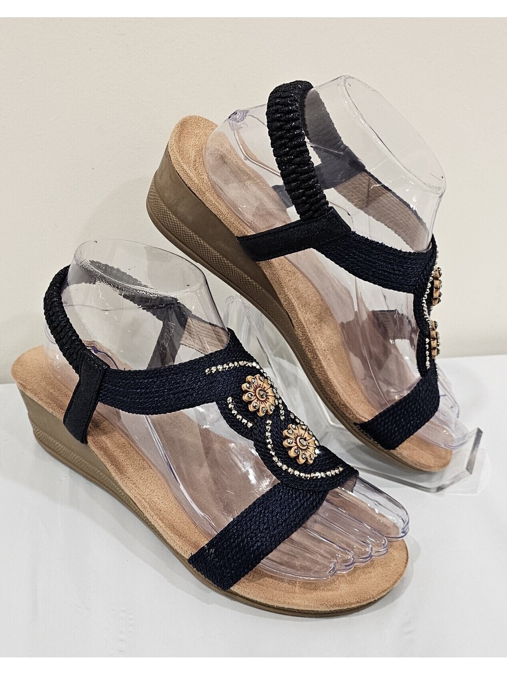 SHIBEVER Sandals Women's Elastic Ankle Strap Low Wedge Size EU 37/US 6.5